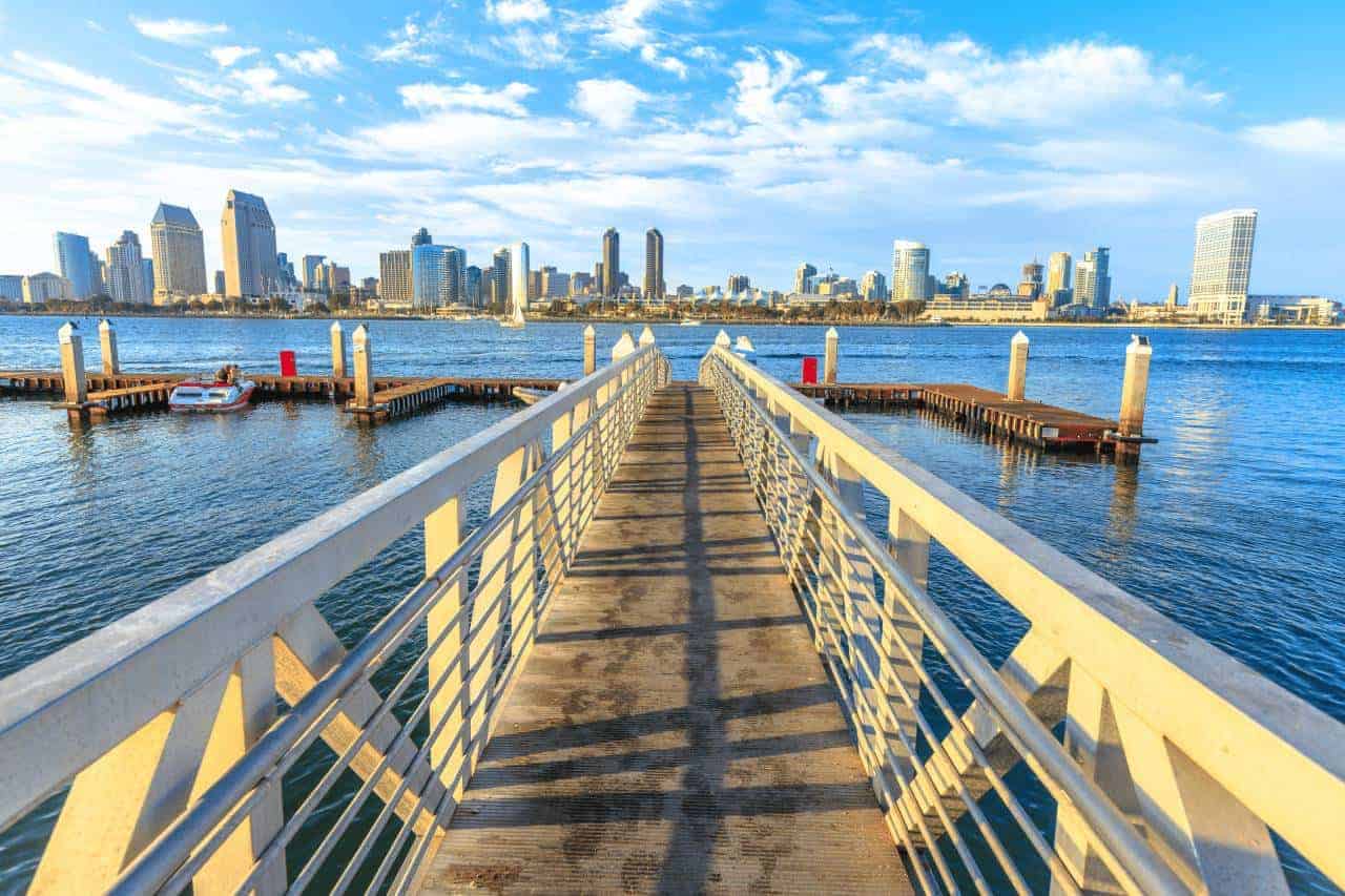 Skyline of Downtown San Diego from a dock on Coronado island.